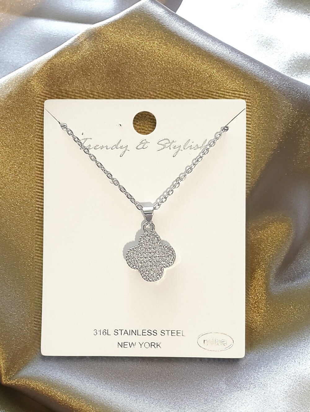 316L Stainless Steel Clover Pendant Necklace - Clear Pave Stones - Trendy